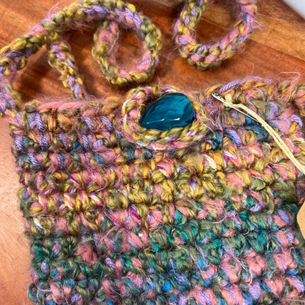 Handmade Crochet Crossbody Bag Multi Color Marled Knit Teal Gemstone Button
